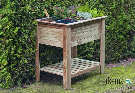 Moestuintafel met opbergplank en 6 plastic bakken L85xB60xH82cm