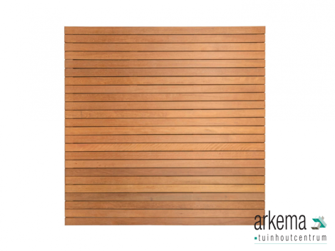 Hardhouten enkelzijdig geschaafd latten scherm, recht horizontaal, 180 x 180 cm.