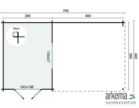 Blokhut - Tuinhuis Anton met overkapping GEIMP. 400x700x217 incl glas & 50 m2 dakleer