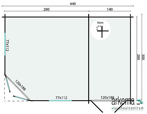 Blokhut - Tuinhuis - Home Office 44mm Agnes met aanbouw Prijs exclusief dakbedekking - dient apart besteld te worden