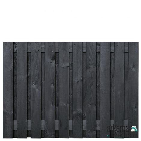 Tuinscherm grenen zwart gespoten, 23-planks (21 + 2) Dresden 130 x 180 cm Planken: 1.6x14.0cm / 21 stuks 2 tussenplanken van 1.6x14.0cm, rvs geschroefd
