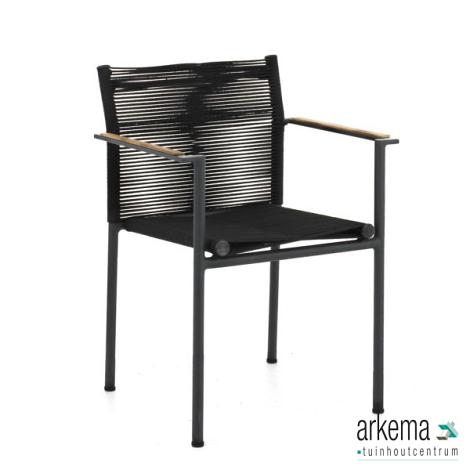 Jakarta dining armchair 56, alu Black, rope weave Black, arm teak Natural, stackable, MOQ 4/colormix