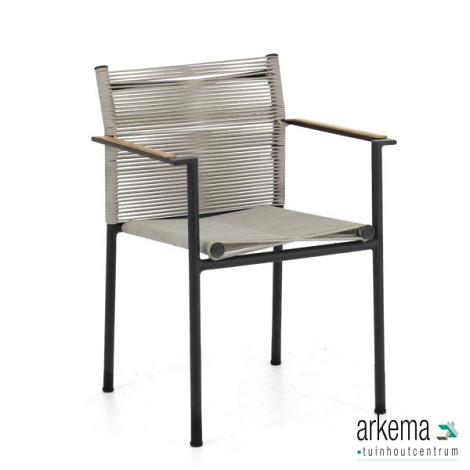 Jakarta dining armchair 56, alu Black, rope weave Grey, arm teak Natural, stackable, MOQ 4/colormix