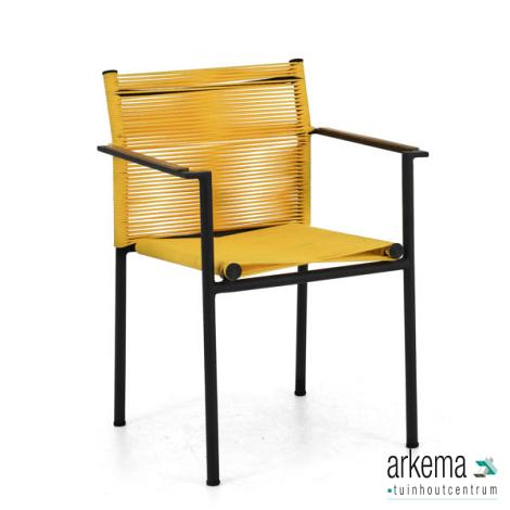Jakarta dining armchair 56, alu Black, rope weave Lemon, arm teak Natural, stackable, MOQ 4/colormix