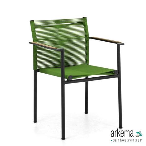 Jakarta dining armchair 56, alu Black, rope weave Olive, arm teak Natural, stackable, MOQ 4/colormix