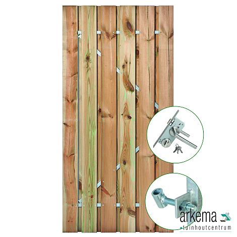 Tuindeur Privacy grenen geïmpregneerd 90x195cm | RVS inbouwslotset SKG* plank: 1.6x14.0cm / 9 stuks + 1.4x9.0cm / 2 stuks