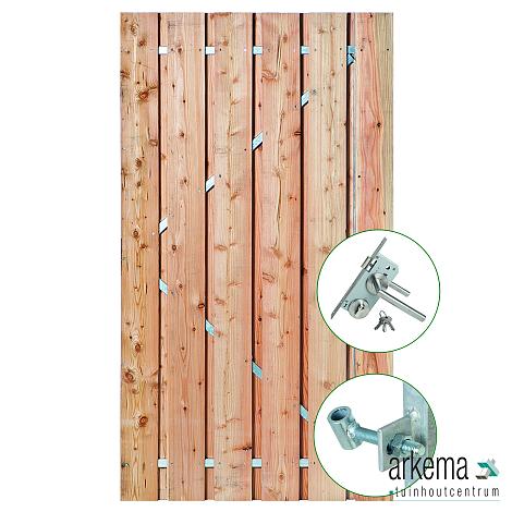Tuindeur Privacy douglas 120x195cm | RVS inbouwslotset SKG* plank: 1.6x14.0cm / 13 stuks + 1.4x9.0cm / 2 stuks
