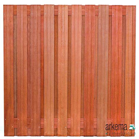 Tuinscherm hardhout kunstmatig gedroogd, 21-planks (19 + 2) Dronten 180 x 180 cm Planken: 1.4x14.0cm / 19 stuks 2 tussenregels van 1.4x14.0cm, rvs geschroefd houtsoort: Keruing
