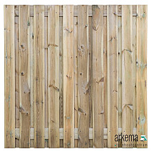Tuinscherm grenen groen geïmpregneerd, 21-planks (19 + 2) Haaksbergen 180 x 180 cm  Planken: 1.5x14.0cm / 19 stuks 2 tussenplanken van 1.5x14.0cm, rvs geschroefd