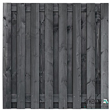 Tuinscherm grenen zwart geïmpregneerd, 17-planks (15 + 2) Dalen 180 x 180 cm  Planken: 1.6x14.0cm / 15 stuks 2 tussenplanken van 1.6x14.0cm, rvs geschroefd