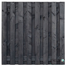 Tuinscherm Douglas zwart geïmpregneerd, 17-planks (15 +2) Sabien 180 x 180 cm  Planken: 1.6x14.0cm / 15 stuks fijnbezaagd 2 tussenplanken van 1.6x14.0cm, rvs geschroefd