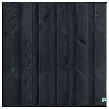 Tuinscherm grenen zwart gespoten, 11-planks Rosenheim 180 x 180 cm  Planken: 1.8x20.0cm / 11 stuks  Boven- en onderlat: 2.8x3.6cm, rvs geschroefd