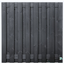 Tuinscherm grenen zwart gespoten, 17-planks (15 + 2) Hamburg 180 x 180 cm Planken: 1.6x14.0cm / 15 stuks 2 tussenplanken van 1.6x14.0cm, rvs geschroefd