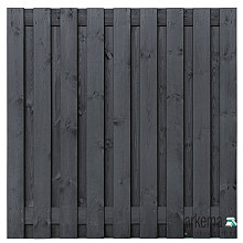 Tuinscherm grenen zwart gespoten, 19-planks (17 + 2) Koblenz 180 x 180 cm Planken: 1.6x14.0cm / 17 stuks 2 tussenplanken van 1.6x14.0cm, rvs geschroefd