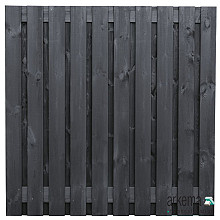Tuinscherm grenen zwart gespoten, 21-planks (19 + 2) Stuttgart 180 x 180 cm Planken: 1.6x14.0cm / 19 stuks 2 tussenplanken van 1.6x14.0cm, rvs geschroefd