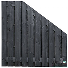 Tuinscherm grenen zwart gespoten, 21-planks (19 + 2) Stuttgart 180/90 x 180 cm verloop Planken: 1.6x14.0cm / 19 stuks 2 tussenplanken van 1.6x14.0cm, rvs geschroefd