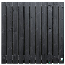 Tuinscherm grenen zwart gespoten, 23-planks (21 + 2) Dresden 180 x 180 cm Planken: 1.6x14.0cm / 21 stuks 2 tussenplanken van 1.6x14.0cm, rvs geschroefd