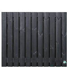 Tuinscherm grenen zwart gespoten, 23-planks (21 + 2) Dresden 150 x 180 cm Planken: 1.6x14.0cm / 21 stuks 2 tussenplanken van 1.6x14.0cm, rvs geschroefd