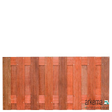 Tuinscherm hardhout 17 planks (15+2) Kampen 90x180cm Planken: 1.4x14.0cm / 15 stuks 2 tussenregels van 1.4x14.0cm, rvs geschroefd houtsoort: Keruing