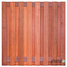 Tuinscherm hardhout kunstmatig gedroogd, 17-planks (15 + 2) Kampen 180 x 180 cm Planken: 1.4x14.0cm / 15 stuks 2 tussenregels van 1.4x14.0cm, rvs geschroefd houtsoort: Keruing