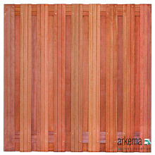 Tuinscherm hardhout kunstmatig gedroogd, 19-planks (17 + 2) Harlingen 180 x 180 cm Planken: 1.4x14.0cm / 17 stuks 2 tussenregels van 1.4x14.0cm, rvs geschroefd houtsoort: Keruing