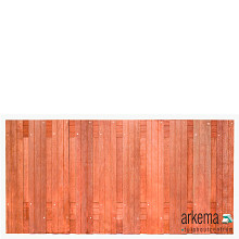 Tuinscherm hardhout kunstmatig gedroogd, 21-planks (19 + 2) Dronten 180 x 90 cm Planken: 1.4x14.0cm / 19 stuks 2 tussenregels van 1.4x14.0cm, rvs geschroefd houtsoort: Keruing