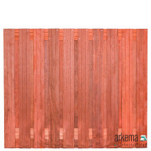 Tuinscherm hardhout kunstmatig gedroogd, 21-planks (19 + 2) Dronten 180 x 150 cm Planken: 1.4x14.0cm / 19 stuks 2 tussenregels van 1.4x14.0cm, rvs geschroefd houtsoort: Keruing