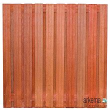 Tuinscherm hardhout kunstmatig gedroogd, 21-planks (19 + 2) Dronten 180 x 180 cm Planken: 1.4x14.0cm / 19 stuks 2 tussenregels van 1.4x14.0cm, rvs geschroefd houtsoort: Keruing