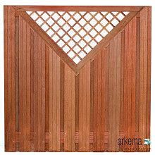 Tuinscherm hardhout kunstmatig gedroogd, 21-planks (19 + 2) Dronten 180 x 180 cm superieur Planken: 1.4x14.0cm / 19 stuks 2 tussenregels van 1.4x14.0cm, rvs geschroefd houtsoort: Keruing