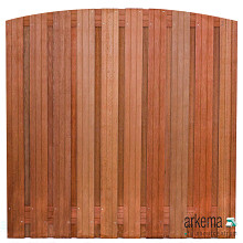 Tuinscherm hardhout kunstmatig gedroogd, 21-planks (19 + 2) Dronten 180 x 180 cm toog Planken: 1.4x14.0cm / 19 stuks 2 tussenregels van 1.4x14.0cm, rvs geschroefd houtsoort: Keruing