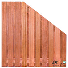 Tuinscherm hardhout kunstmatig gedroogd, 21-planks (19 + 2) Dronten 180/90 x 180 cm verloop Planken: 1.4x14.0cm / 19 stuks 2 tussenregels van 1.4x14.0cm, rvs geschroefd houtsoort: Keruing