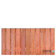 Tuinscherm hardhout kunstmatig gedroogd, 23-planks (21 + 2) Hoorn 180 x 90 cm Planken: 1.4x14.0cm / 21 stuks 2 tussenregels van 1.4x14.0cm, rvs geschroefd houtsoort: Keruing