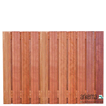 Tuinscherm hardhout kunstmatig gedroogd, 23-planks (21 + 2) Hoorn 180 x 130 cm Planken: 1.4x14.0cm / 21 stuks 2 tussenregels van 1.4x14.0cm, rvs geschroefd houtsoort: Keruing