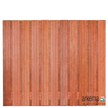 Tuinscherm hardhout kunstmatig gedroogd, 23-planks (21 + 2) Hoorn 180 x 150 cm Planken: 1.4x14.0cm / 21 stuks 2 tussenregels van 1.4x14.0cm, rvs geschroefd houtsoort: Keruing