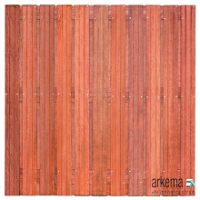 Tuinscherm hardhout kunstmatig gedroogd, 23-planks (21 + 2) Hoorn 180 x 180 cm Planken: 1.4x14.0cm / 21 stuks 2 tussenregels van 1.4x14.0cm, rvs geschroefd houtsoort: Keruing