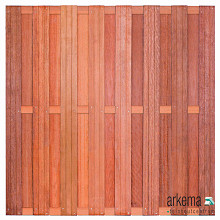 Tuinscherm hardhout kunstmatig gedroogd, 15-planks Bronkhorst 180 x 180 cm Planken: 1.4x14.0cm / 15 stuks 3 tussenregels van 1.6x7.0cm, rvs geschroefd houtsoort: Keruing